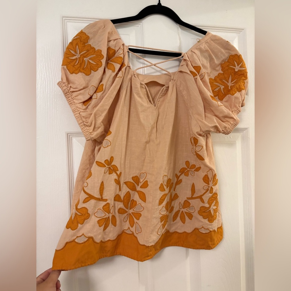 Madewell Floral Embroidered Women’s Top/Blouse • Puff Sleeves • Pink and Orange - Picture 5 of 6